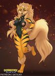  1girl alternate_color animal_ears arcanine artist_name blonde_hair breasts brown_background claws english fangs feet female fox_tail full_body furry half-closed_eyes hand_on_hip highres large_breasts leg_up long_hair looking_at_viewer navel necklace nipples no_humans nude patreon patreon_username paws personification poke_ball_theme pokemon pokemon_(creature) pokemon_rse pussy satsukii shiny_pokemon simple_background smile solo standing standing_on_one_leg tail teeth text uncensored yellow_eyes 