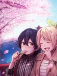  ayase_eli bangs blonde_hair blue_hair blush cherry_blossoms closed_eyes commentary_request dango eating food hair_between_eyes highres laughing long_hair love_live! love_live!_school_idol_project multiple_girls open_mouth plaid plaid_shirt ponytail shirt smile sonoda_umi striped striped_shirt wagashi watch wristwatch yellow_eyes yukiiti 