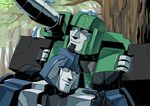  80s animal autobot bird bird_on_hand cannon closed_eyes commentary day forest half-closed_eyes hound_(transformers) mirage_(transformers) multiple_boys nature no_humans oldschool outdoors pretentiousfork smile still_life transformers tree weapon 