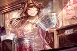  ahoge bowl brown_hair chopsticks closed_eyes collared_shirt commentary double_bun hairband highres holding holding_bowl holding_chopsticks indoors jacket kantai_collection kongou_(kantai_collection) long_hair looking_at_viewer nakau restaurant ribbed_shirt shirt signo_aaa smile solo upper_body white_shirt 