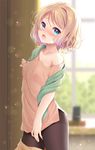  black_legwear blonde_hair blue_eyes blurry blush breasts commentary_request depth_of_field esia_mariveninne komone_ushio light_brown_hair looking_at_viewer medium_breasts off_shoulder open_mouth original pantyhose shirt short_hair skirt skirt_pull solo sweat t-shirt window 