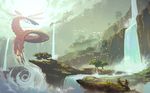  1girl chinese_commentary cliff cloud commentary_request day flying giant_insect glasses helmet holding_hands made_in_abyss monster regu_(made_in_abyss) riko_(made_in_abyss) scenery tienao water waterfall wings 