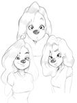  anthro beauty_mark canine clothed clothing disney ear_piercing female goof_troop greyscale group hair half-closed_eyes hi_res looking_at_viewer mammal monochrome mrpotatoparty piercing roxanne_(goof_troop) simple_background sketch smile white_background 