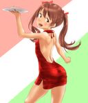  ass backless_outfit bare_back breasts brown_eyes brown_hair commentary_request dress fang food hair_ornament highres kantai_collection libeccio_(kantai_collection) long_hair looking_at_viewer open_mouth plate red_dress short_dress small_breasts solo tama_(seiga46239239) twintails 