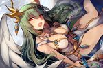  :d arm_at_side artist_name breasts bright_pupils circlet cleavage copyright_request dutch_angle eyebrows_visible_through_hair foreshortening green_hair halterneck head_tilt jewelry large_breasts long_hair looking_at_viewer navel necklace open_mouth red_eyes sitting slit_pupils smile solo staff walzrj weibo_username wings 