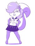  2017 anthro barefoot bow breasts clothing digital_media_(artwork) disfigure fifi_la_fume flat_chested fur hair hair_over_eye hands_on_hips japanese_school_uniform long_tail looking_at_viewer mammal midriff monochrome navel pose purple_fur simple_background skirt skunk solo standing tiny_toon_adventures warner_brothers white_background young 