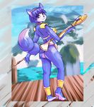  anthro barefoot black_nose blackrayal blue_fur blue_hair butt canine clothing dipstick_tail female fox fur green_eyes hair hair_ornament hairband hi_res jewelry krystal mammal markings multicolored_tail nintendo short_hair shoulder_pads smile solo staff star_fox tailband video_games white_fur 