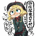  blonde_hair blue_eyes blush clenched_teeth commentary hat have_to_pee kanikama lowres military military_hat military_uniform saliva short_hair simple_background solo sweat tanya_degurechaff teeth translated trembling uniform white_background youjo_senki 