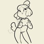  2017 4_fingers animal_crossing anthro blush breasts canine digital_media_(artwork) dog featureless_crotch female hair holding_breast isabelle_(animal_crossing) itsunknownanon leaning leaning_forward mammal monochrome navel nintendo nude playful pose short_hair simple_background solo standing suggestive tongue tongue_out video_games white_background 