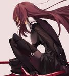  armor bodysuit fate/grand_order fate_(series) from_side gae_bolg holding holding_weapon la-na long_hair polearm purple_hair scathach_(fate)_(all) scathach_(fate/grand_order) shoulder_armor spear weapon 