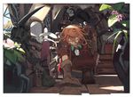  backpack bag blonde_hair book bookmark bookshelf boots bottle closed_eyes commentary flower gloves hat highres indoors knifedragon lyza made_in_abyss multicolored_hair multiple_girls ozen paper pickaxe picking_up shelf smile sunlight tools two-tone_hair vase whistle window 