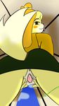  animal_crossing animal_crossing_pocket_camp anus canine dog female isabelle isabelle_(animal_crossing) kamperkiller_(artist) low-angle_view mammal nintendo pussy pussy_juice spread_pussy spreading tongue tongue_out video_games 
