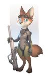  blue_eyes c0ga_(artist) canine clothing countershading eyewear female fox goggles gun hi_res mammal ranged_weapon rifle simple_background smile sniper_rifle solo standing weapon 