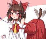  afterimage animal_ears ascot bangs bent_over blush bow brown_hair collar detached_sleeves dog_ears dog_tail eyebrows_visible_through_hair hair_bow hair_tubes hakurei_reimu kemonomimi_mode leash looking_at_viewer multicolored multicolored_background open_mouth red_bow red_eyes red_skirt shefu short_hair skirt skirt_set solo tail tail_wagging touhou two-tone_background 