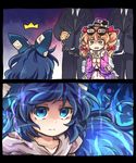  2girls 2koma arrest aura bangs black_neckwear black_suit blue_bow blue_eyes blue_hair bow bracelet brown_eyes brown_hair chain comic cuffs dress drill_hair empty_eyes expressionless eyewear_on_head from_behind hair_bow handcuffs hat hat_bow hat_ribbon high_collar jewelry long_hair looking_at_another multiple_girls necktie open_mouth pote_(ptkan) purple_coat ribbon scared siblings sisters staring sunglasses teardrop tears top_hat touhou translated twin_drills wavy_mouth yorigami_jo'on yorigami_shion 