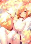  animal_ear_fluff animal_ears bangs blonde_hair blurry blush breasts chita_(ketchup) clenched_teeth commentary_request crossed_legs depth_of_field fingernails fox_ears fox_girl fox_tail grin hair_ornament hakama highres holding holding_pipe japanese_clothes kimono kiseru knees_up large_breasts long_sleeves looking_at_viewer miko nail_polish original pipe red_eyes red_hakama red_nails short_hair signature sitting smile solo tail teeth thick_eyebrows thighhighs twitter_username white_legwear wide_sleeves 