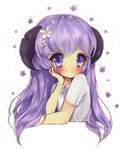  bangs blush eyebrows_visible_through_hair floral_background flower hair_flower hair_ornament hanyuu higurashi_no_naku_koro_ni long_hair looking_at_viewer purple_eyes purple_hair shirt short_sleeves simple_background solo tareme upper_body white_background white_shirt 