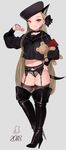  2018 :p animal_ears armband black_bow black_choker black_footwear black_hat black_legwear black_panties black_shirt boots bow brass_knuckles brown_hair candy choker closed_mouth collarbone commentary_request dog_ears dog_girl dog_tail ear_piercing earrings food full_body garter_belt grey_background hair_bow hat high_heel_boots high_heels highres holding holding_lollipop jewelry lace lace_panties lollipop long_hair long_sleeves looking_at_viewer miyako_(xxxbibit) no_pants object_hug original panties piercing red_eyes school_uniform serafuku shirt simple_background smile solo standing standing_on_one_leg tail thigh_boots thighhighs thighhighs_under_boots tongue tongue_out underwear very_long_hair weapon 
