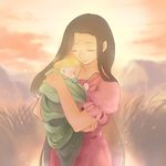  1girl alphonse_elric baby blanket blonde_hair brown_hair carrying child_carry clenched_hand closed_eyes dress fullmetal_alchemist grass hase_(nafela) long_hair mother_and_son pink_dress short_hair simple_background sky sleeping smile trisha_elric very_long_hair 