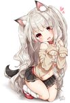  :3 :d animal_ears azur_lane bangs bare_shoulders black_skirt blush braid brown_shirt clown_222 dog_ears dog_girl dog_tail eyebrows_visible_through_hair fang hair_ornament head_tilt heart long_sleeves looking_at_viewer loose_socks navel one_side_up open_mouth pleated_skirt red_collar red_footwear sarashi shirt side_braid signature silver_hair simple_background skirt sleeves_past_wrists smile socks solo tail thick_eyebrows white_background white_legwear wolf_ears yuudachi_(azur_lane) 