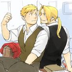  alphonse_elric back-to-back blonde_hair book brothers clenched_hand coat edward_elric eyebrows_visible_through_hair formal fullmetal_alchemist long_hair long_sleeves looking_at_another male_focus multiple_boys nore_(boosuke) ponytail shirt siblings smile waistcoat white_shirt yellow_eyes 