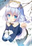  angora_rabbit animal animal_ears animal_on_head bangs black_legwear blue_coat blue_eyes blue_hair blue_mittens blurry blurry_background blush bow braid breath brown_bow bunny chestnut_mouth commentary_request day depth_of_field dog_ears dog_girl dog_tail eyebrows_visible_through_hair gochuumon_wa_usagi_desu_ka? hair_between_eyes hair_ornament kafuu_chino kemonomimi_mode long_hair long_sleeves looking_at_viewer low_ponytail mittens on_head outdoors pantyhose parted_lips pleated_skirt shibainu_niki side_ponytail skirt snow snow_bunny snowman tail tippy_(gochiusa) very_long_hair white_skirt x_hair_ornament 