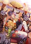  horns japanese_clothes kimono looking_at_viewer ojyou oni original pointy_ears red_eyes short_hair silver_hair sitting skull solo 