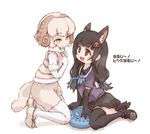  :d animal_ears bangs black_gloves black_skirt blue_ribbon blush brown_eyes closed_mouth collared_peccary_(kemono_friends) collared_shirt commentary_request elbow_gloves eyebrows eyebrows_visible_through_hair facing_another fingerless_gloves fur_collar fur_trim gloves hair_ornament hair_ribbon horizontal_pupils horns kemono_friends kolshica long_hair looking_at_another miniskirt multiple_girls open_mouth pantyhose pantyhose_under_shorts pig_ears pig_snout pig_tail pleated_skirt puffy_shorts purple_shirt ribbon sheep_(kemono_friends) sheep_ears sheep_horns sheep_tail shirt short_hair shorts skirt smile tail tareme text_focus tongue translation_request white_gloves white_hair white_legwear yellow_eyes 