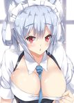 :&lt; alternate_costume animal_ears bangs between_breasts black_vest blue_hair blue_neckwear blush breasts cat_ears cleavage commentary enmaided eyebrows_visible_through_hair hair_between_eyes large_breasts long_hair looking_at_viewer low_twintails maid maid_headdress matoi_(pso2) milkpanda necktie necktie_between_breasts phantasy_star phantasy_star_online_2 red_eyes shirt short_sleeves sidelocks solo triangle_mouth twintails very_long_hair vest white_shirt 