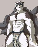  2018 abs anthro biceps canine clothing fur ginnosuke headband hi_res horkeukamui kemono loincloth male mammal multicolored_fur muscular muscular_male pecs simple_background solo tokyo_afterschool_summoners white_fur wolf 