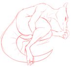  anthro bedroom_eyes claws female fetal_position full-length_portrait half-closed_eyes holding_legs kobold looking_at_viewer lying monochrome nude on_side portrait pussy reptile scalie seductive simple_background sketch smile snout solo w4g4 white_background 