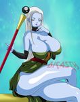  ass blue_skin breasts daishinkan dicasty dragon_ball dragon_ball_super dress female shiny shiny_skin smile staff thighs vados_(dragon_ball) white_hair 