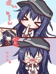  &gt;_&lt; /\/\/\ 1girl :3 akatsuki_(kantai_collection) anchor_symbol bangs black_hat blush closed_eyes closed_mouth comic commentary eating eyebrows_visible_through_hair flat_cap food hair_between_eyes hat holding holding_food in_the_face kantai_collection komakoma_(magicaltale) long_hair long_sleeves mochi mochi_trail neckerchief purple_hair red_neckwear school_uniform serafuku shirt teardrop translation_request very_long_hair wagashi white_shirt 