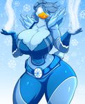  2018 absurd_res anthro avian big_breasts bird blue_hair breasts cleavage clothed clothing duck female glowing glowing_eyes hair hair_over_eye hi_res jaeh non-mammal_breasts solo wide_hips 