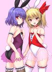  alternate_costume animal_ears arm_garter ass bare_shoulders black_bow black_legwear blonde_hair blue_hair bow bunny_ears bunny_tail bunnysuit choker collarbone commentary_request eyebrows_visible_through_hair fake_animal_ears fang flandre_scarlet garters highleg highleg_leotard index_finger_raised leotard long_hair looking_at_viewer marugoshi_(54burger) multiple_girls open_mouth pink_background red_eyes remilia_scarlet siblings simple_background sisters slit_pupils smile tail thighhighs touhou white_legwear 