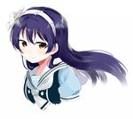  bangs blue_hair blush closed_mouth commentary_request face hair_between_eyes hair_ribbon hairband long_hair looking_at_viewer love_live! love_live!_school_idol_festival love_live!_school_idol_project portrait ribbon simple_background smile solo sonoda_umi totoki86 upper_body white_background yellow_eyes 
