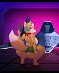  2018 anthro big_breasts big_butt blush breasts butt canine clothed clothing crouching dracojeff female fox fox_mccloud looking_back mammal nintendo ranged_weapon side_boob skirt smile solo space star_fox thick_thighs video_games voluptuous weapon wide_hips 