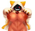  animal_ears blazblue breasts cat_ears dark_skin flashing hoodie huge_breasts matospectoru monster_girl red_eyes smile taokaka wink zipper 