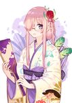  alternate_hair_length alternate_hairstyle bangs commentary eyebrows_visible_through_hair fate/grand_order fate_(series) floral_print flower glasses hagoita hair_flower hair_ornament hair_over_one_eye holding japanese_clothes kimono long_hair long_sleeves looking_at_viewer mash_kyrielight obi paddle parted_lips pink_flower pink_hair print_kimono purple_eyes red_flower ryuuno6 sash solo white_kimono wide_sleeves 