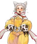  animal_ears bangs blunt_bangs blush bodysuit cat_ears embarrassed eyebrows gloves heart heart_hands hood looking_at_viewer niyah open_mouth ribbon sachito short_hair silver_hair simple_background solo white_gloves xenoblade_(series) xenoblade_2 yellow_bodysuit yellow_eyes 