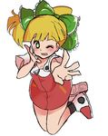  1girl android blonde_hair bow dress eyebrows green_bow green_ribbon hair_bow hooded_dress long_hair no_humans one_eye_closed open_mouth ponytail ribbon robot rockman rockman_11 roll shoes simple_background socks solo tied_hair white_background wink zipper 