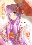  alternate_costume animal bangs blunt_bangs bow crescent crescent_moon_pin dog double_bun eyebrows_visible_through_hair floral_print flower hair_bow hair_flower hair_ornament holding holding_umbrella japanese_clothes kimono long_hair looking_at_viewer obi oriental_umbrella patchouli_knowledge pink_bow purple_kimono ram_hachimin red_flower sash sidelocks smile solo touhou umbrella unmoving_pattern upper_body wide_sleeves 