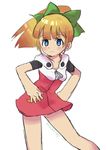  1girl android bangs blonde_hair blue_eyes blunt_bangs bow dress eyebrows green_bow green_ribbon hair_bow hooded_dress long_hair no_humans ponytail ribbon robot rockman rockman_11 roll simple_background smile solo tied_hair white_background zipper 