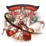  animal_ears brush highres kazana_(sakuto) looking_at_viewer original red_eyes saku_(kazana) short_hair skirt solo tail torii white_hair wolf_ears wolf_tail 