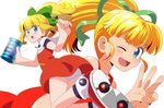  1girl blonde_hair blue_eyes blush bow dress eyebrows green_bow green_ribbon hair_bow hooded_dress long_hair looking_back one_eye_closed open_mouth panties ponytail ribbon rockman rockman_11 roll solo tied_hair underwear white_panties wink 