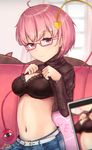  ahoge bangs belt bespectacled black_bra blurry bra breasts brown_sweater casual cellphone cellphone_picture closed_mouth clothes_lift couch denim depth_of_field eyeball eyebrows_visible_through_hair glasses heart highres hiyashi_mikan jeans komeiji_satori lace lace-trimmed_bra lifted_by_self looking_at_viewer medium_breasts navel nervous_smile pants phone pink-framed_eyewear pink_eyes pink_hair ribbed_sweater semi-rimless_eyewear short_hair signature smartphone smile solo stomach sweater sweater_lift third_eye touhou turtleneck turtleneck_sweater under-rim_eyewear underwear yes yes-no_pillow 