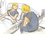  alphonse_elric bandages bed bed_sheet blonde_hair brothers edward_elric fullmetal_alchemist glass grey_shirt long_hair looking_at_another lying male_focus multiple_boys nore_(boosuke) pillow ponytail shirt siblings sitting smile yellow_eyes 