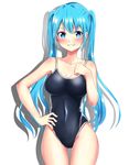  bangs baretto_(karasi07) blue_eyes blue_hair blush competition_school_swimsuit covered_navel cowboy_shot eyebrows_visible_through_hair grin hand_on_hip hatsune_miku highres long_hair looking_at_viewer one-piece_swimsuit smile solo swimsuit thigh_gap twintails vocaloid 