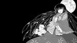  bangs black_background branch cowboy_shot full_moon greyscale highres houraisan_kaguya jeweled_branch_of_hourai long_hair long_sleeves monochrome moon open_mouth skirt sleeves_past_wrists solo sunatoshi touhou very_long_hair wide_sleeves 
