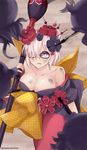  banned_artist bare_shoulders black-framed_eyewear black_kimono breasts cleavage collar commentary_request cosplay fate/grand_order fate_(series) glasses hair_bun hair_ornament hair_over_one_eye holding ink ink_on_face japanese_clothes katsushika_hokusai_(fate/grand_order) katsushika_hokusai_(fate/grand_order)_(cosplay) kimono large_breasts looking_at_viewer mash_kyrielight octopus off_shoulder parted_lips pink_hair purple_eyes red_skirt short_hair side_bun skirt sleeves_pushed_up solo tasora tokitarou_(fate/grand_order) twitter_username 